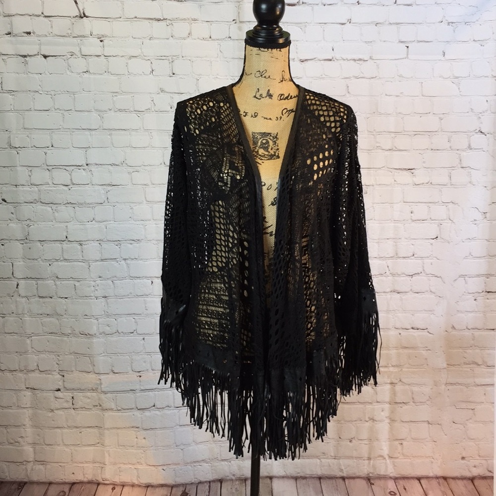 Reba black lace jacket w vegan leather fringe